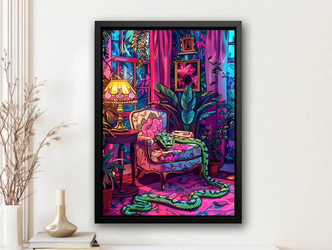 Matisse-Inspired Snake on Sofa Art Print, Dark Decor