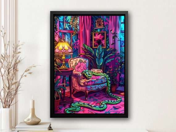 Matisse-Inspired Snake on Sofa Art Print, Dark Decor