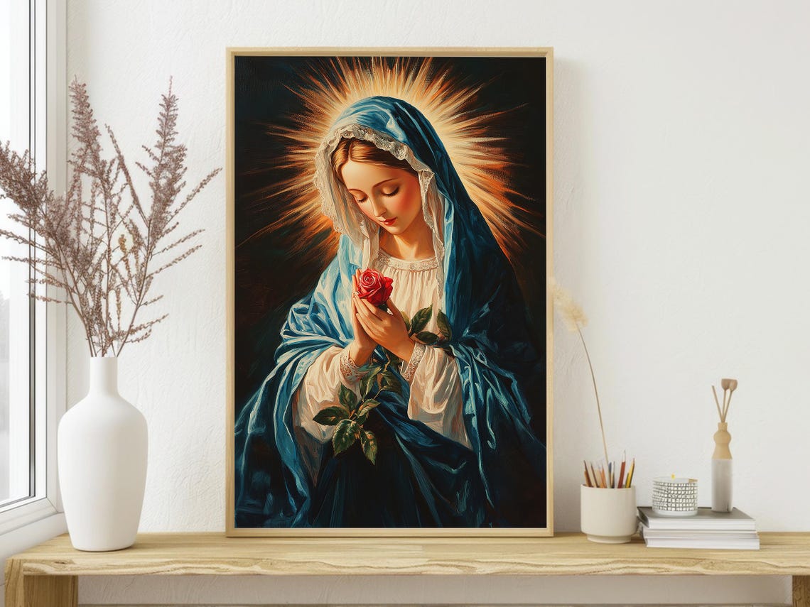 Virgin Mary Blue Veil Red Rose Golden Halo Vintage Catholic Art Print - Image 3