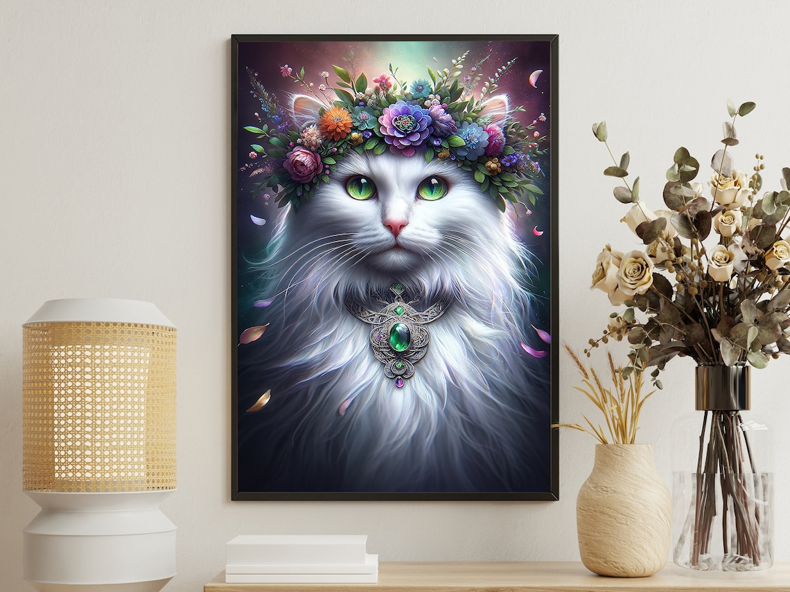 White Cat With Flower Crown And Emerald Necklace Surreal Animal Art Print