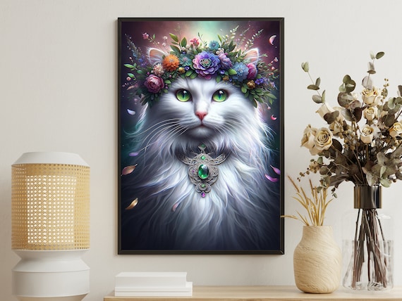 White Cat With Flower Crown And Emerald Necklace Surreal Animal Art Print