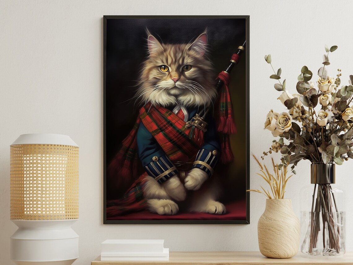 Scottish Piper Cat Tartan Sash Bagpipes Royal Portrait Poster