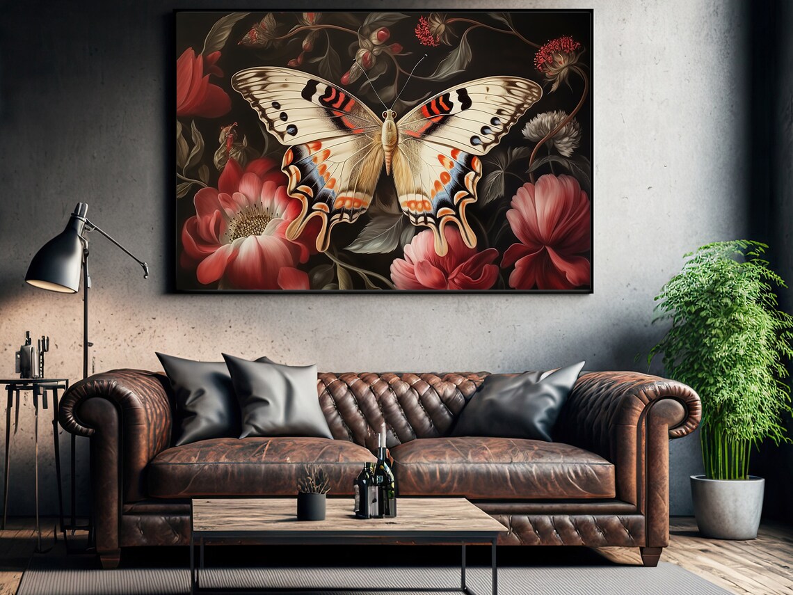 Cottage Butterfly Painting Vintage Flowers Art Print Butterfly Print Flowers Wall Art Botanical Art Print Flowers Poster Print - Image 4