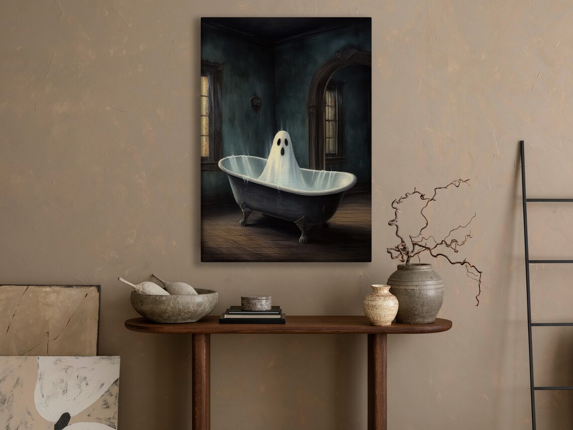 Cute Ghost Taking Bath In Clawfoot Tub Vintage Spooky Gothic Bathroom Wall Art - Image 2