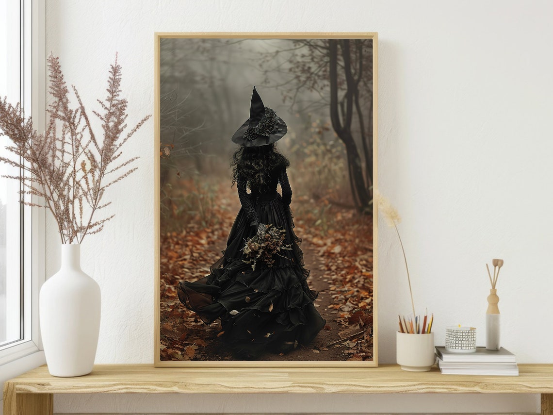 Witch In Black Gown On Autumn Forest Path Fall Leaves Art Poster - Image 3