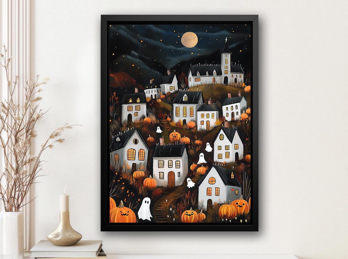 Halloween Village On Hill With Church Pumpkins Moon Night Print