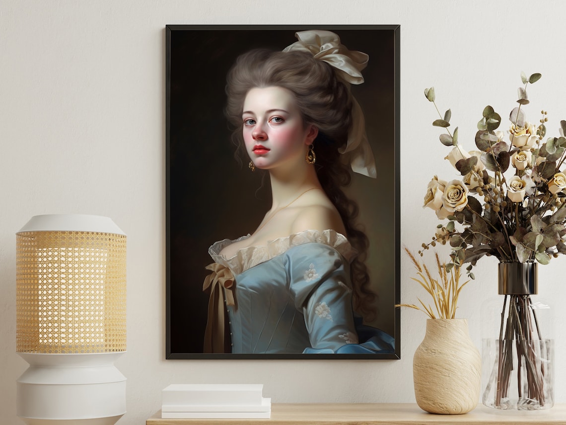 Retro Lady Blue Gown White Bow Hair Classic Rococo Portrait Art Poster