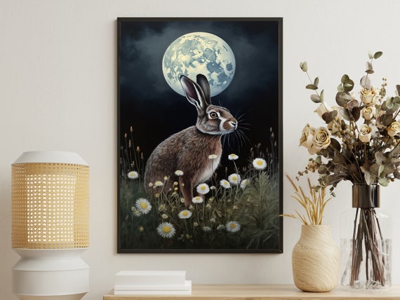 Vintage Rabbit Under The Moon Painting Rabbit Art Print Rabbit Print Gothic Botanical Print Animal Poster Print Animal Wall Art