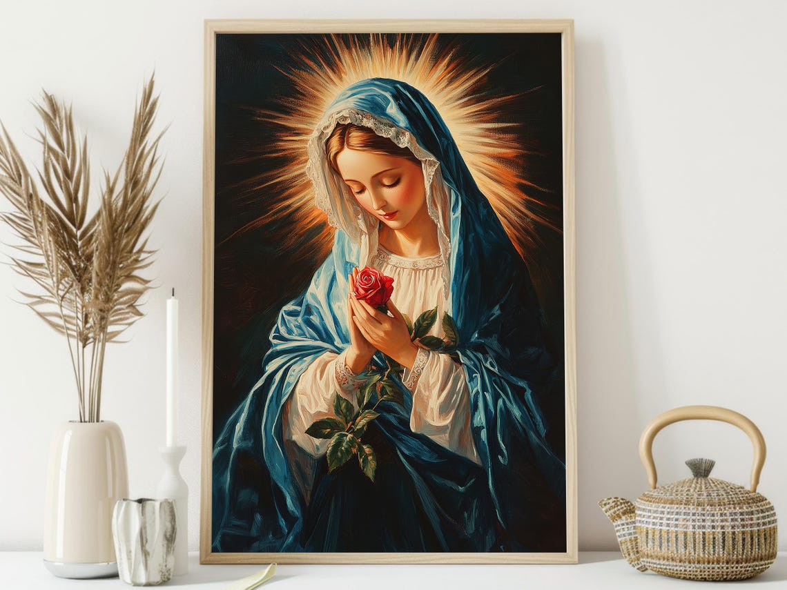 Virgin Mary Blue Veil Red Rose Golden Halo Vintage Catholic Art Print - Image 4