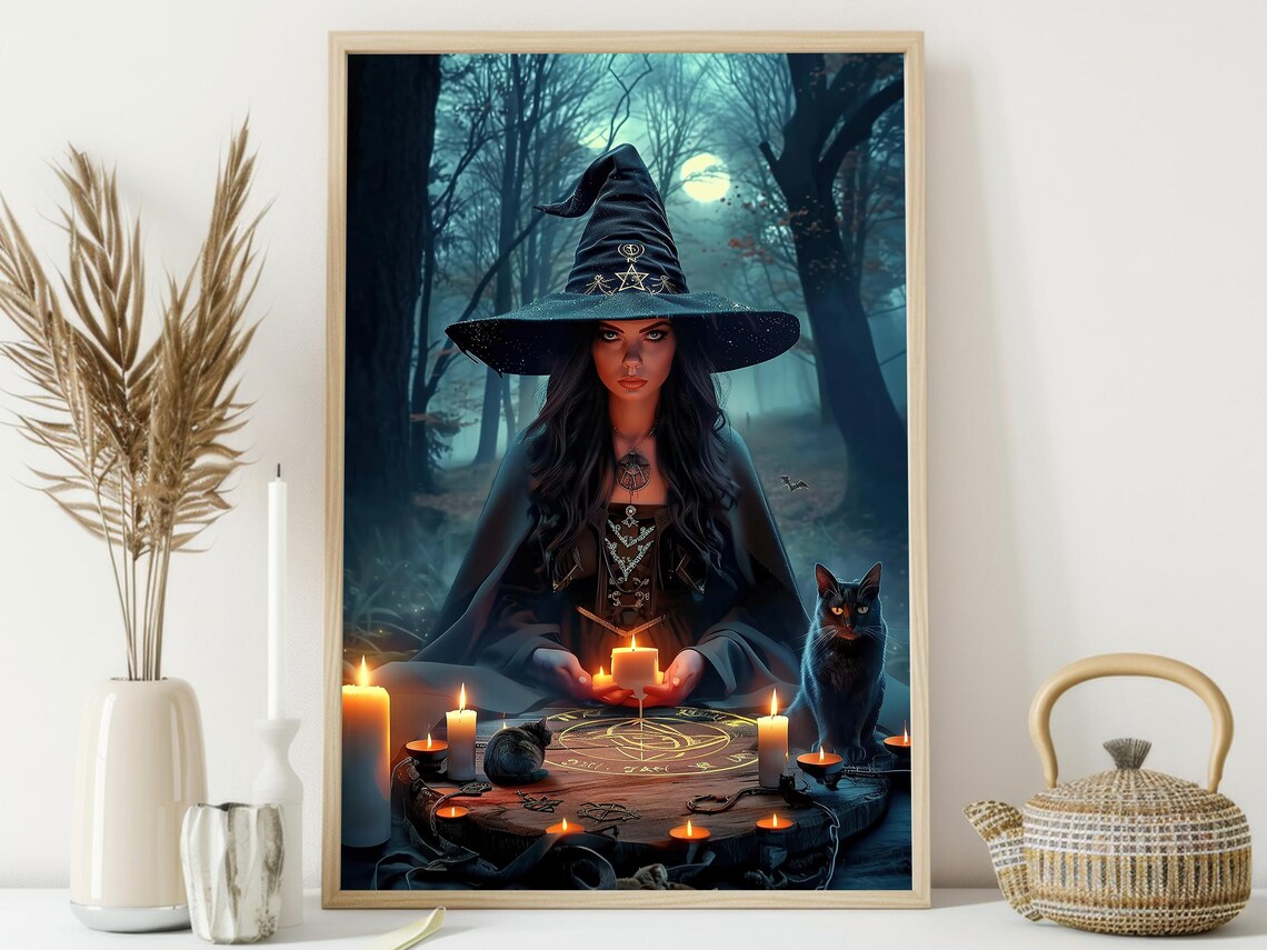 Witch Casting Spell in Moonlit Forest Candles Black Cat Magic Ritual Poster - Image 4
