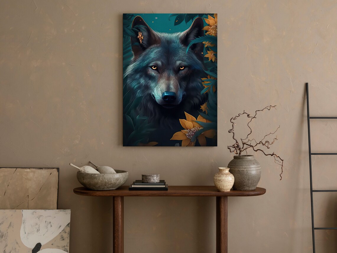 Dark Wolf Portrait In Teal Forest Light Among Golden Flowers Animal Poster - Image 4