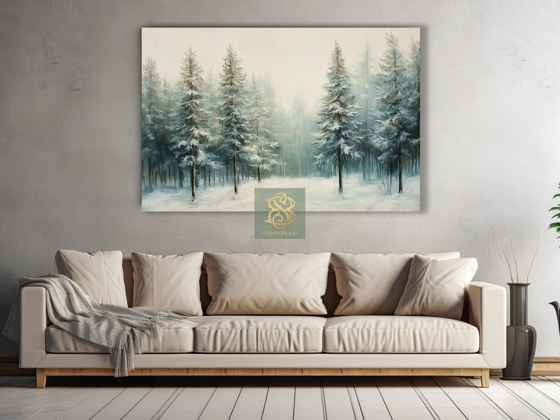 Snow Covered Pine Trees In Misty Winter Forest Serene White Wall Art - Image 2