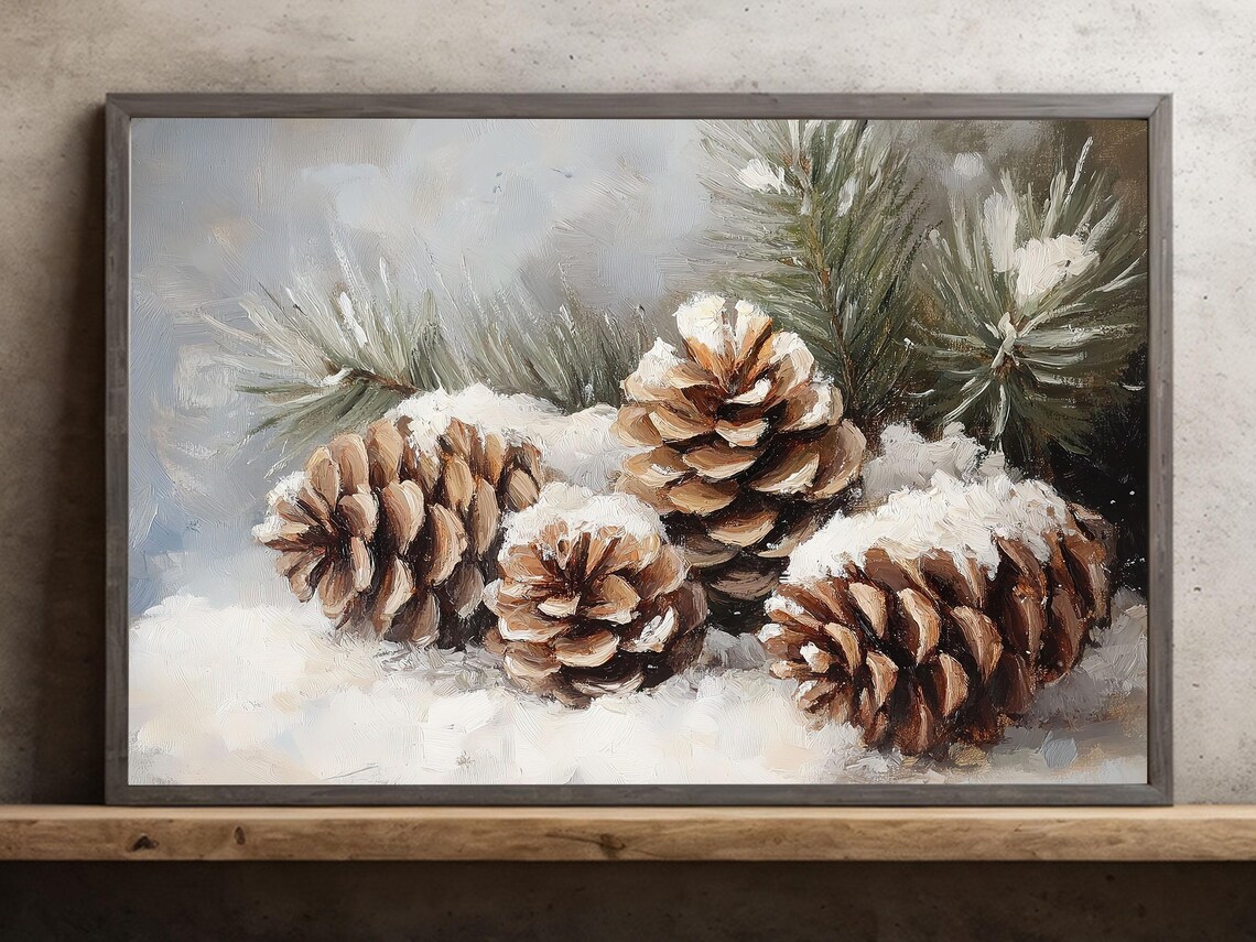 Christmas Pinecone Painting, Rustic Winter Poster