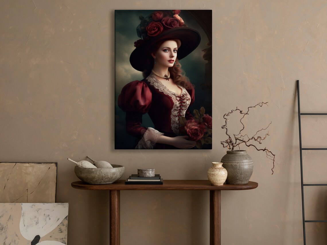Victorian Lady In Burgundy Gown And Rose Hat Vintage Portrait Poster - Image 3