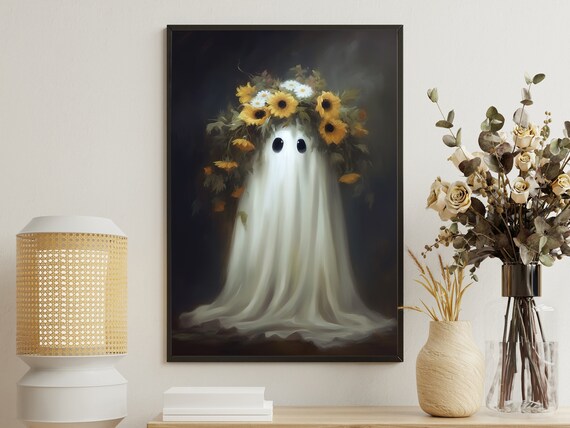 Cute Ghost Wearing Sunflower Crown Vintage Spooky Halloween Floral Poster