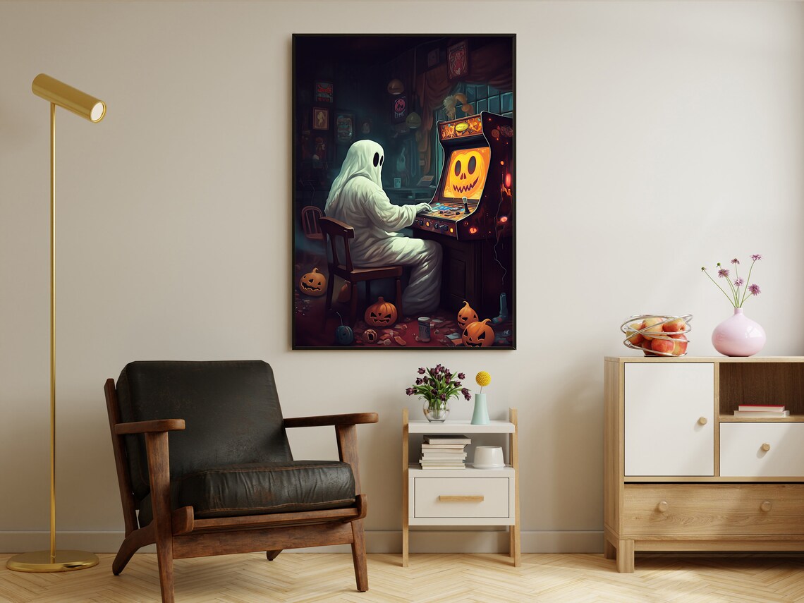 Retro Ghost Playing Video Game, Dark Gothic Art Print - Image 3