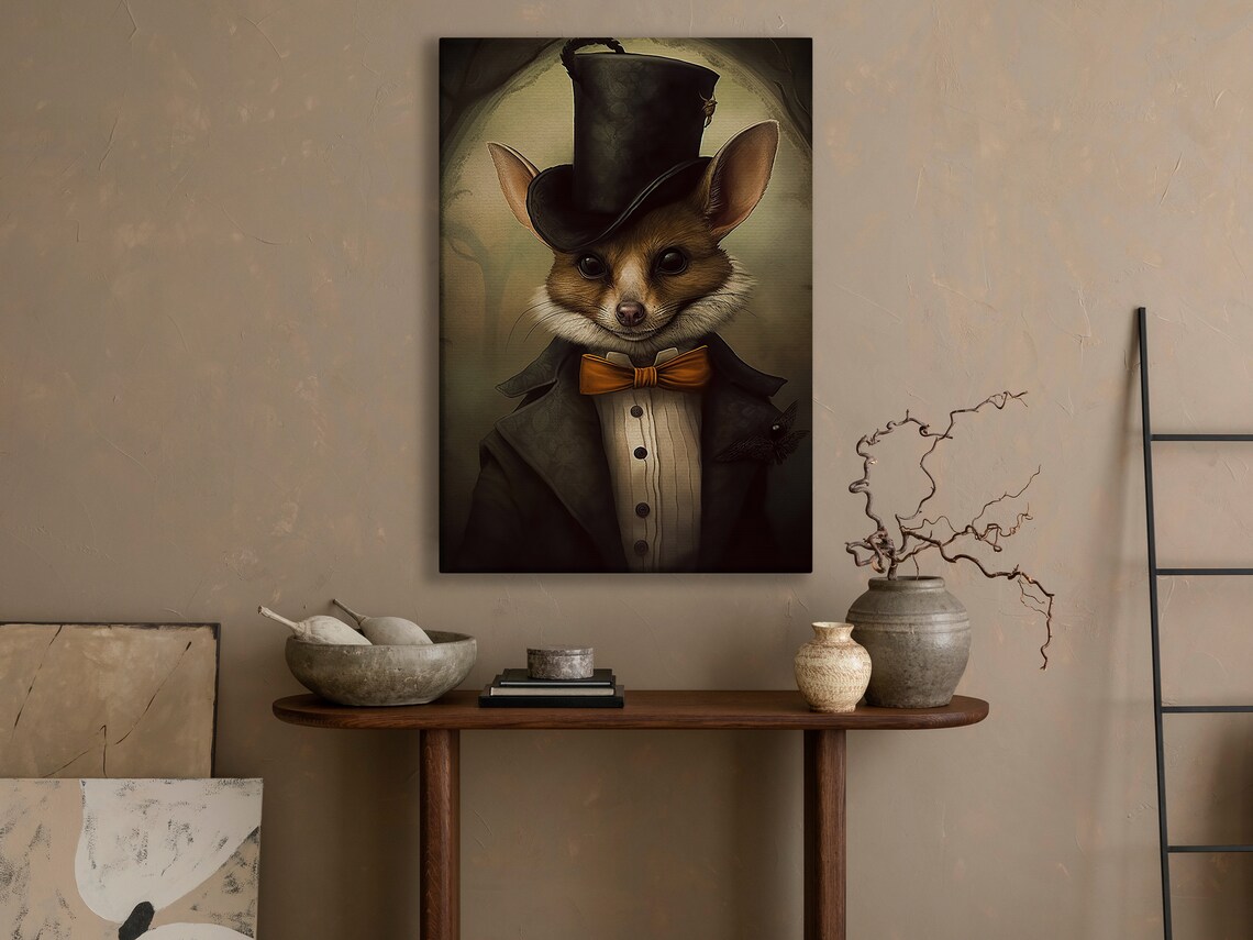 Victorian Bat Gentleman In Top Hat And Bow Tie Dark Animal Portrait Poster - Image 2
