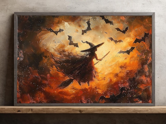 Witch On Broom Flying Through Fiery Orange Storm Sky Art Print