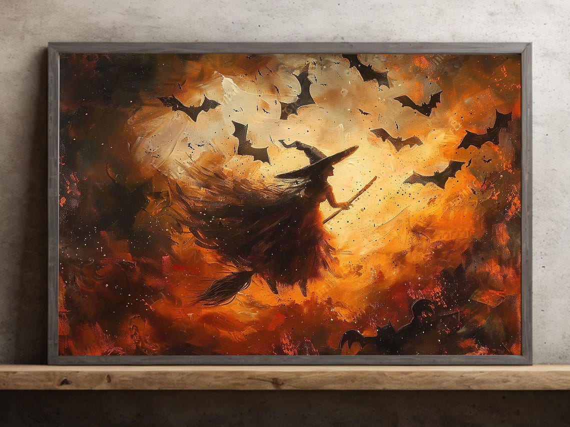 Witch On Broom Flying Through Fiery Orange Storm Sky Art Print