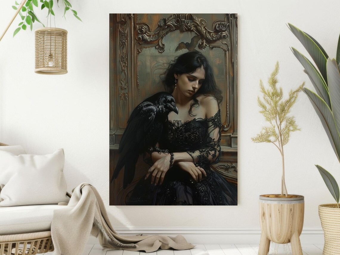 Dark Woman with Raven Crow in Black Lace Gown Gothic Oil Painting Poster - Image 2