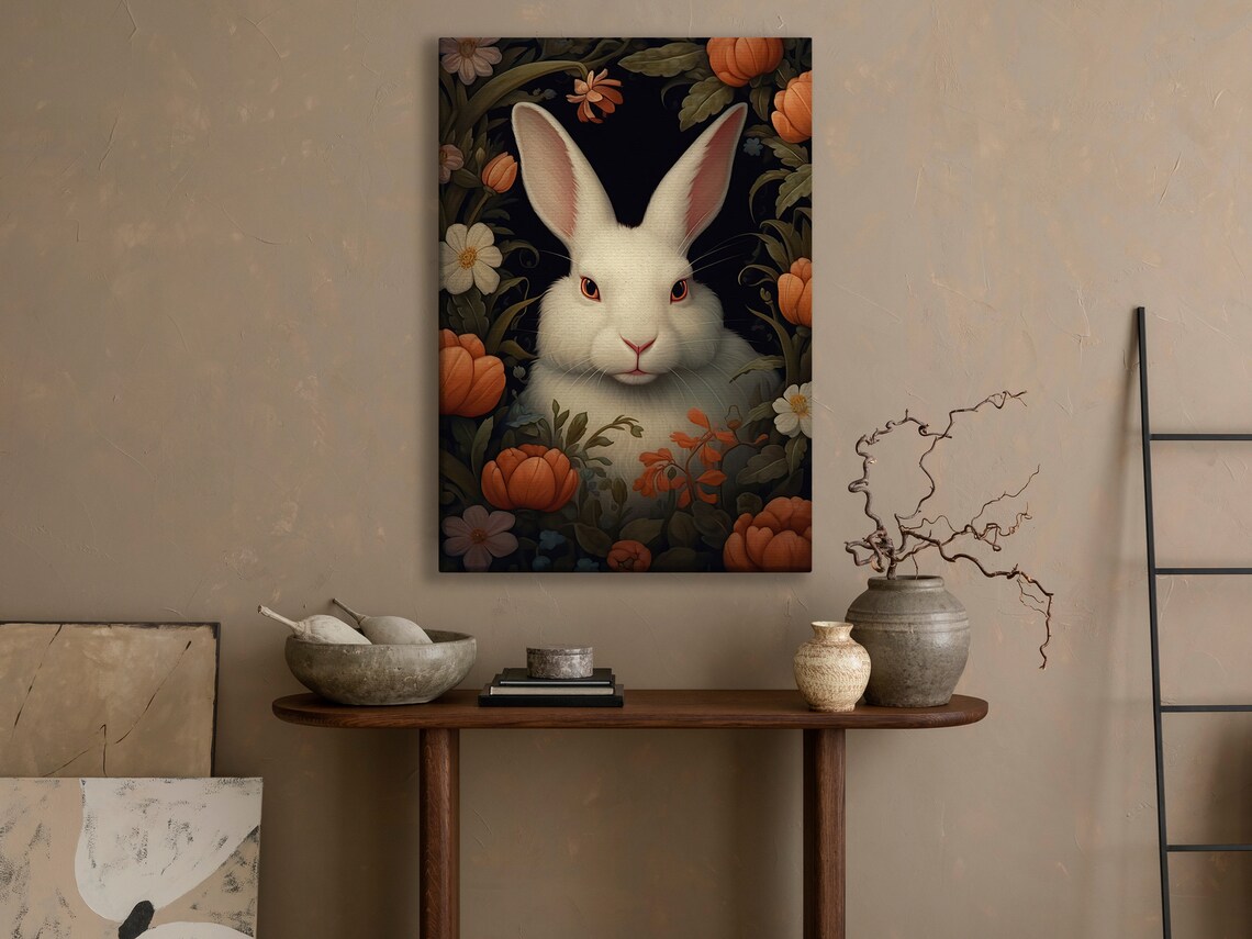 White Rabbit Among Orange Tulips Dark Botanical Woodland Cottagecore Wall Art - Image 3