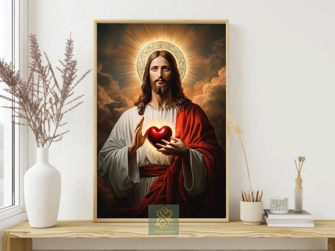 Sacred Heart Jesus Christ Holding Heart With Golden Halo Poster - Image 3