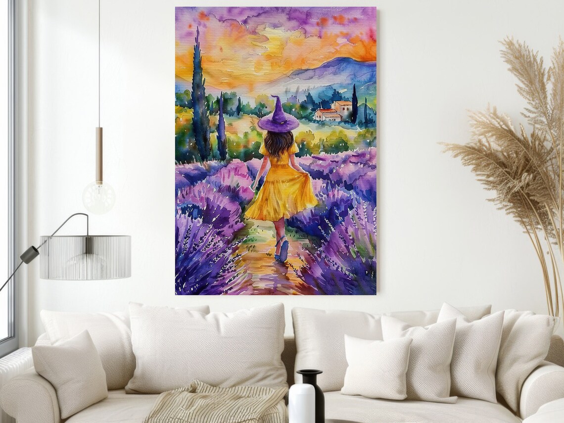 Young Witch in Yellow Dress Lavender Field Sunset Watercolor Art Poster - Image 2