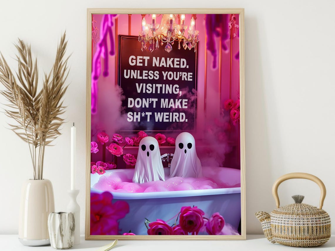 Cute Couple Ghost In Bathtub Print Dark Ghost Poster Print Halloween Wall Art Halloween Bathroom Decor - Image 3