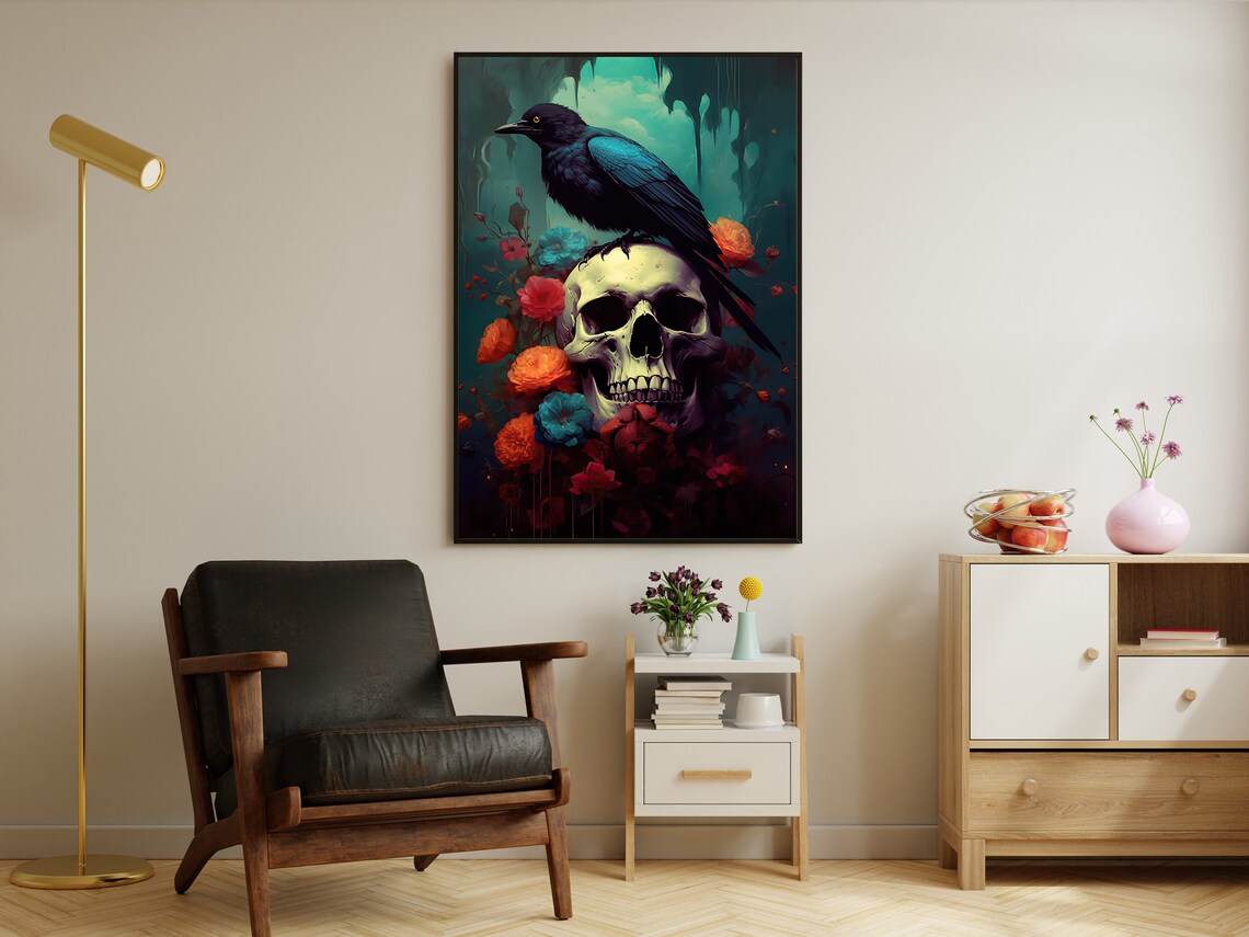 Crow Perched On Skull Among Colorful Blooms Teal Gothic Dark Art Poster - Image 3