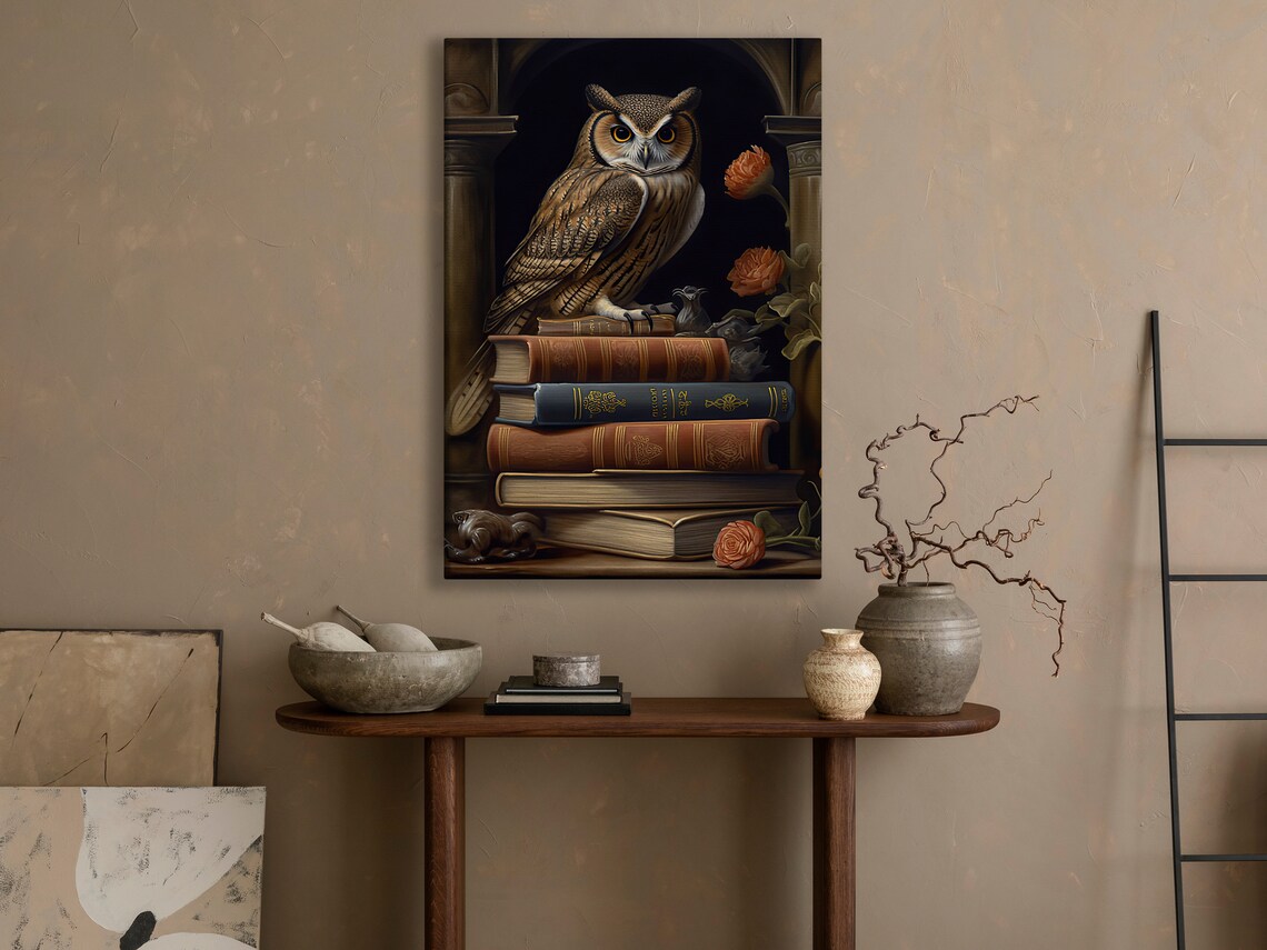 Owl Perched Antique Books Arched Alcove Orange Roses Vintage Art Poster - Image 4