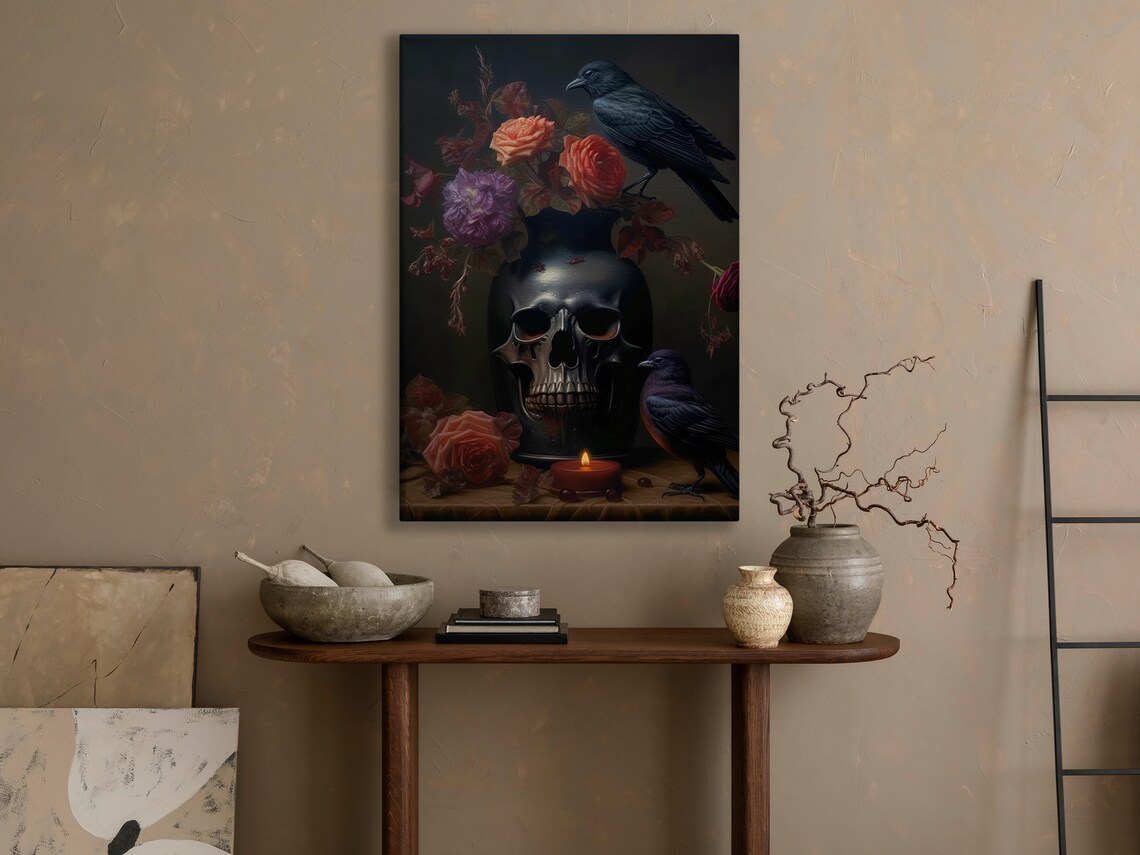 Black Skull Vase With Roses Two Crows Candlelit Dark Gothic Still Life Poster - Image 4