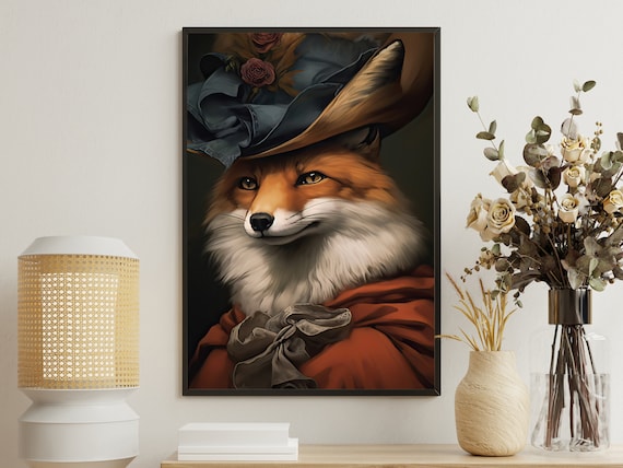 Regal Fox Lady In Victorian Hat Roses Portrait Dark Academia Animal Poster