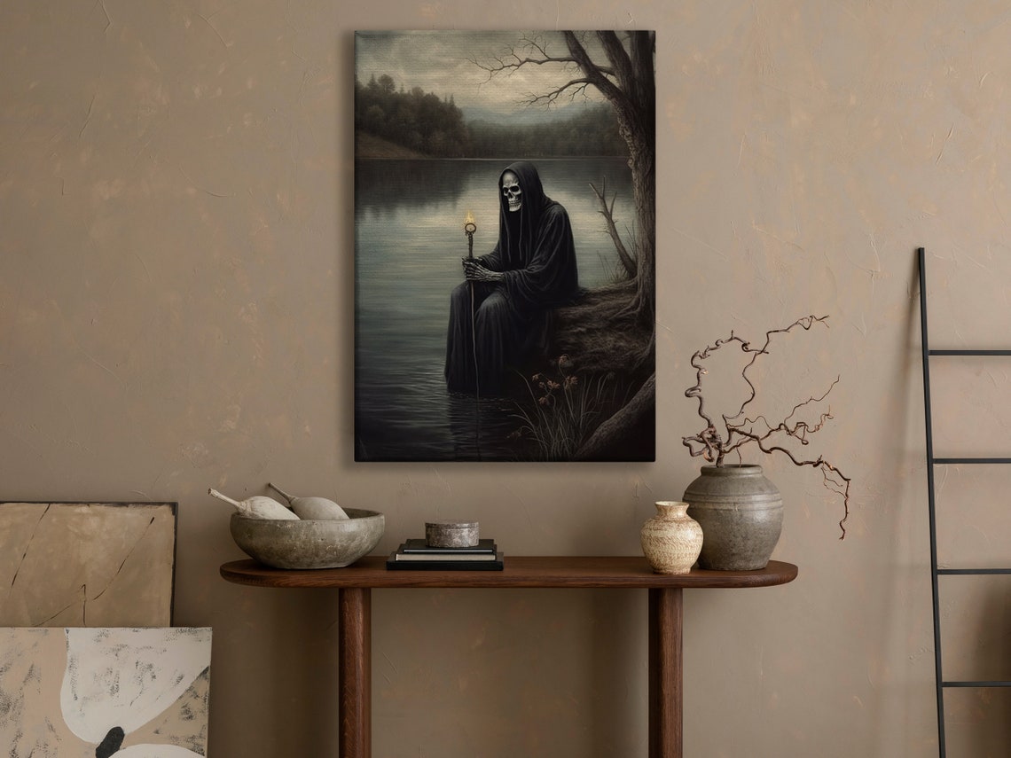 Hooded Grim Reaper Resting By A Misty Lake Holding A Candle Poster - Image 3