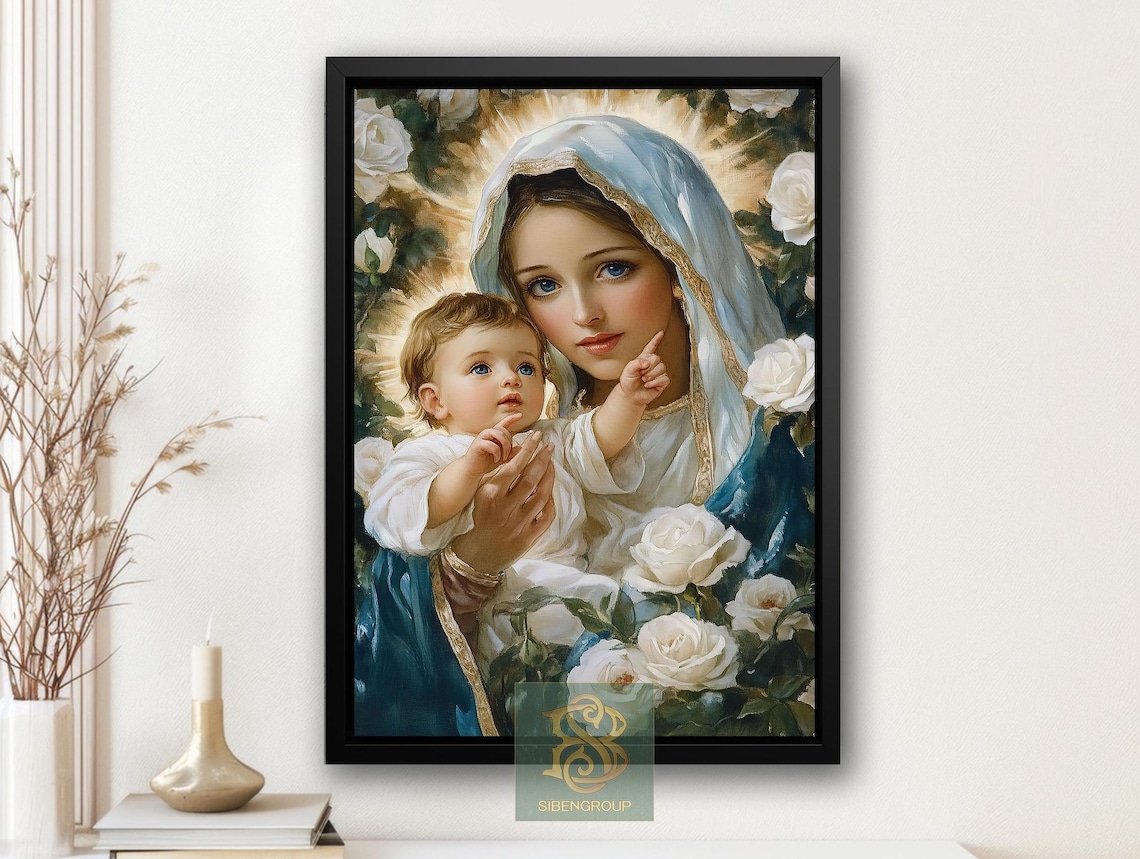 Mother Mary Madonna and Baby Jesus With White Roses Religious Poster