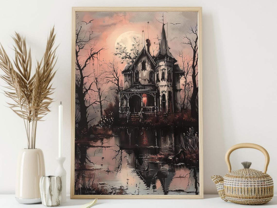 Haunted Victorian Mansion by Moonlit Lake Spooky Pink Sky Art Poster - Image 3