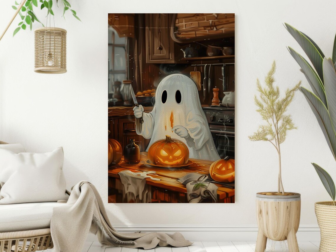 Ghost Carving Jack O Lantern Pumpkin in Cozy Kitchen Halloween Poster - Image 2