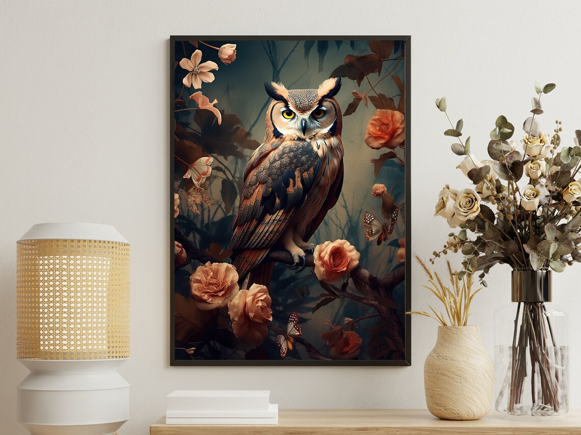 Great Horned Owl Among Blush Roses Butterflies Dark Floral Gothic Wall Art