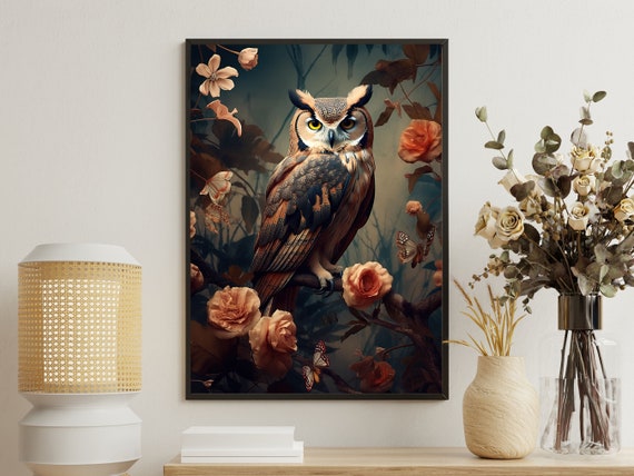 Vintage Floral Owl Painting Retro Owl Art Print Owl Print Gothic Art Print Dark Academia Art Floral Owl Poster Owl Wall Decor