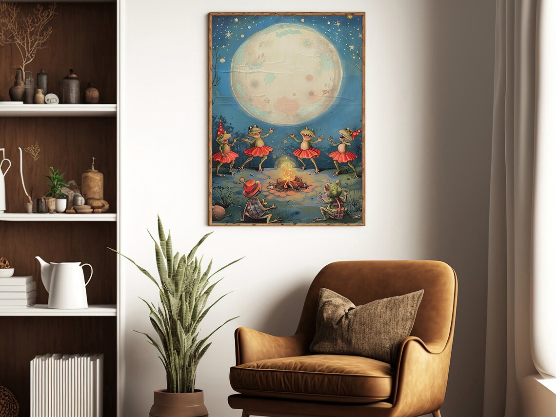Dancing Frogs In Tutus Moonlit Campfire Party Whimsical Vintage Art Poster - Image 3
