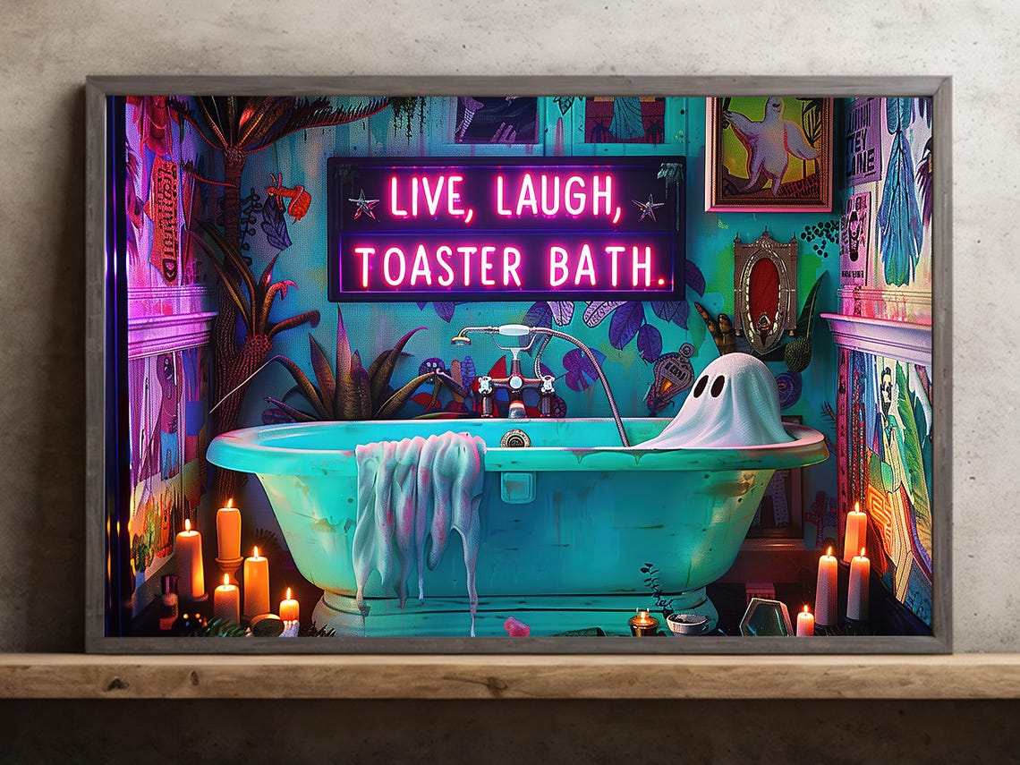 Funny Neon Live Laugh Toaster Bath Ghost Bathtub Halloween Art Poster