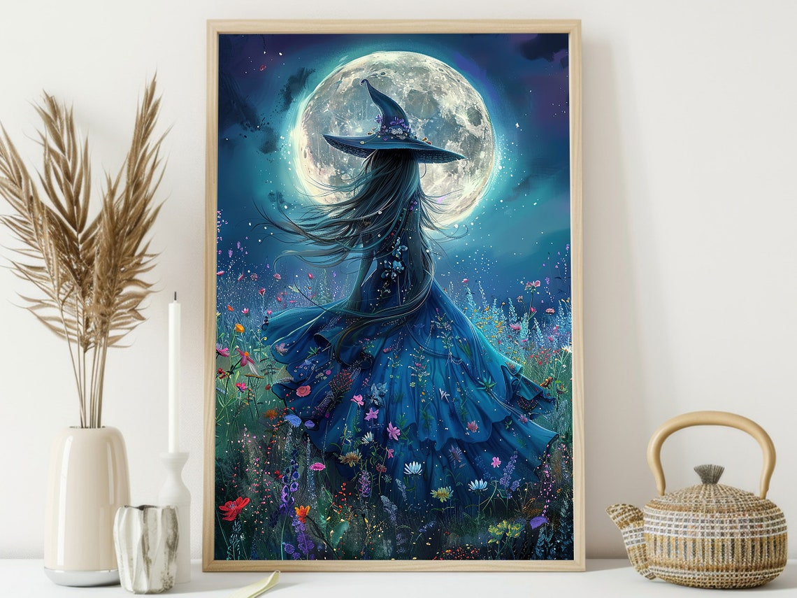 Young Witch Under Full Moon In Flower Meadow Blue Magic Art Poster - Image 3