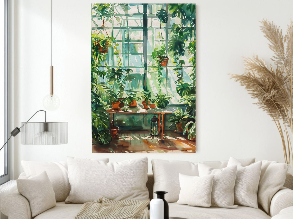 Sunlit Tropical Greenhouse Monstera Plants Watercolor Botanical Poster - Image 2