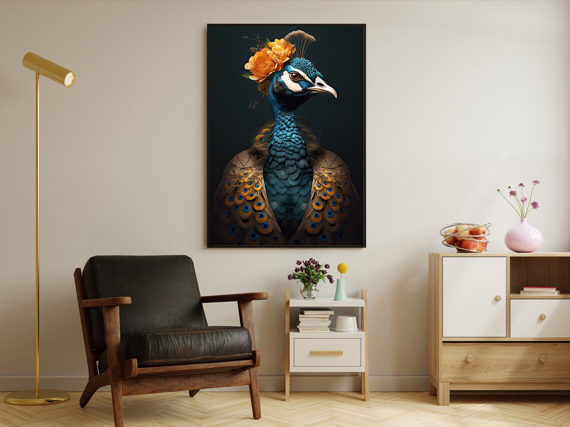 Regal Peacock Portrait With Orange Rose Crown Dark Elegant Animal Poster - Image 2