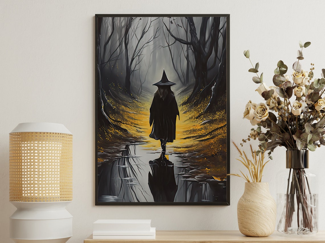 Witch Silhouette Walking Into Misty Golden Forest Path Art Print