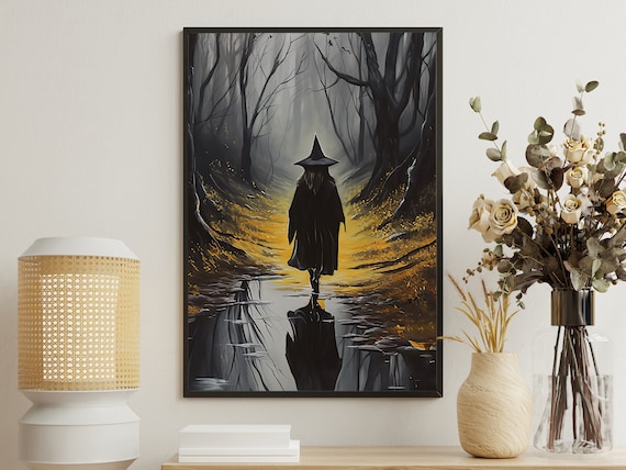 Witch Silhouette Walking Into Misty Golden Forest Path Art Print