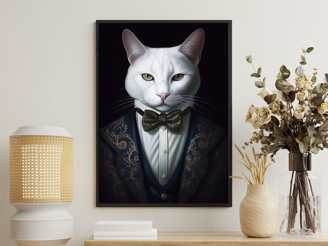 White Cat Brocade Tuxedo Black Bow Tie Regal Portrait Poster