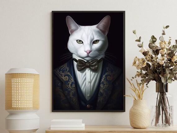 White Cat Brocade Tuxedo Black Bow Tie Regal Portrait Poster