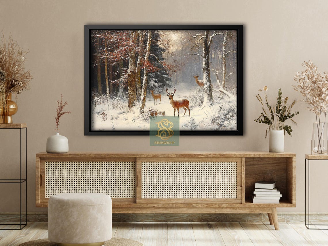 Three Deer In Snowy Winter Forest Vintage Wildlife Scene Print - Image 4