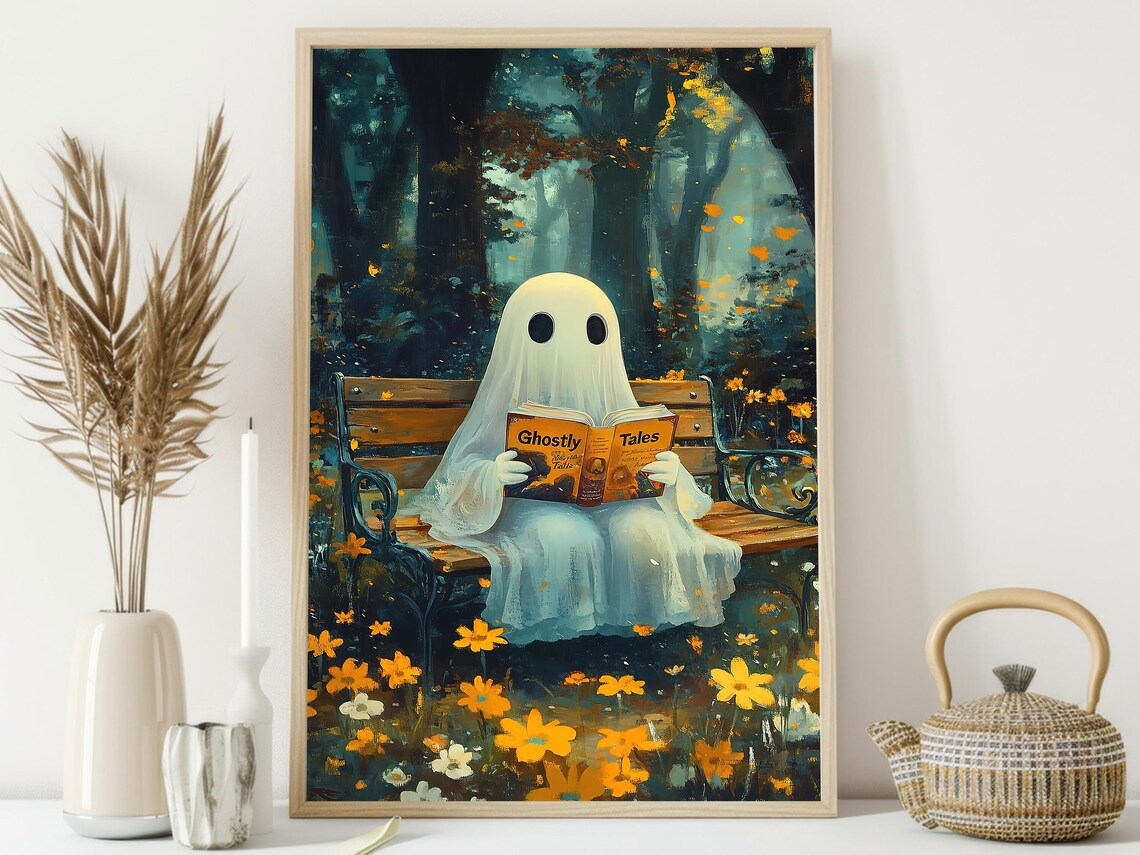 Vintage Ghost Reading Book Halloween Art Print - Image 3