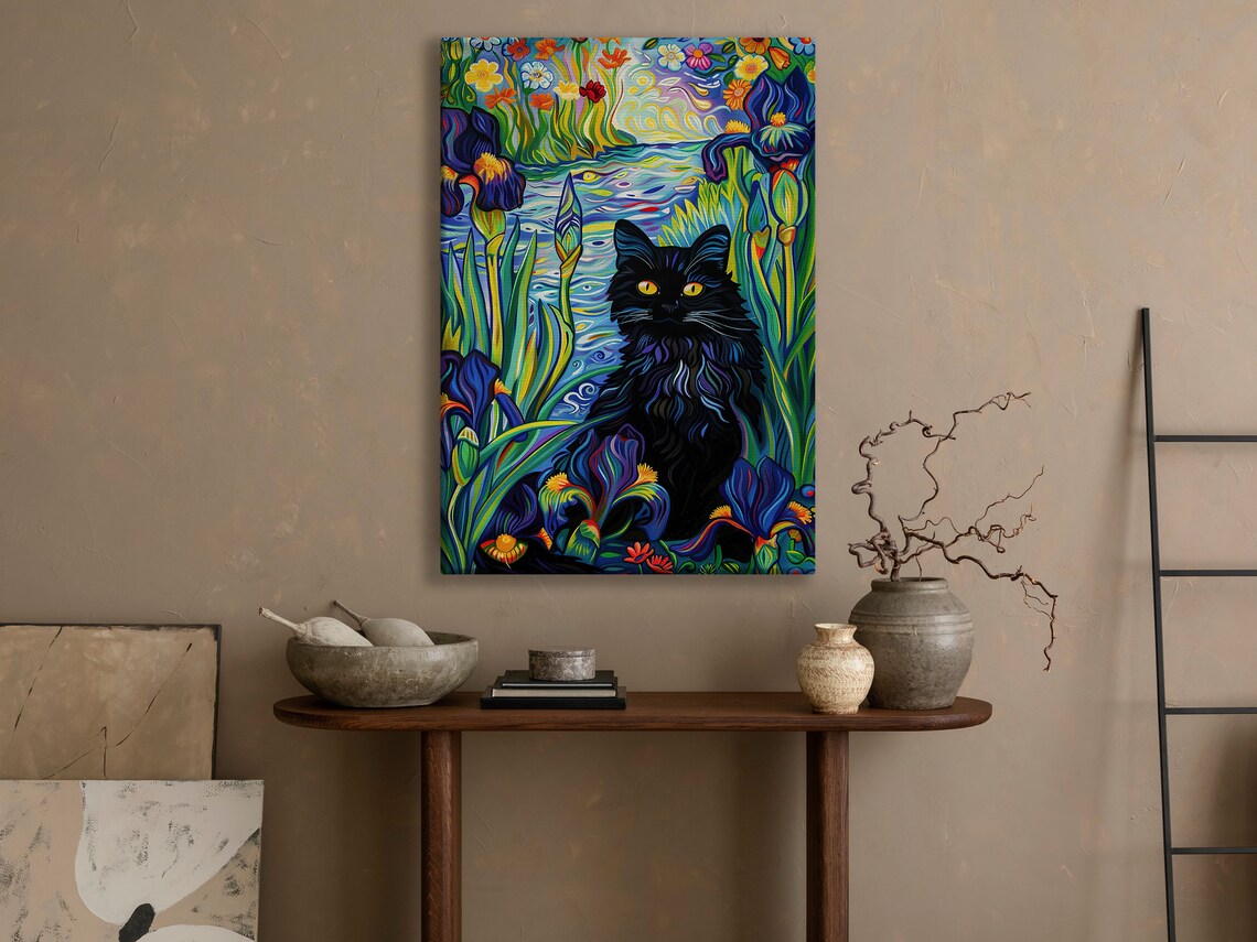 Black Cat Among Irises Colorful Van Gogh Style Flower Garden Art Poster - Image 4